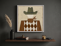 Harlequin Cowboy Wall Art — Original Palette-Knife Oil, Olive & Brown — original hand-painted oil shown on the wall in a styled room