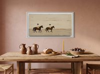 Two Riders Crossing Wide Canvas — Original Palette-Knife Oil, Chocolate & Cream — original hand-painted oil shown on the wall in a styled room