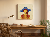 Woman in a Cobalt Hat Wall Art — Original Palette-Knife Oil, Cobalt & Yellow — original hand-painted oil shown on the wall in a styled room