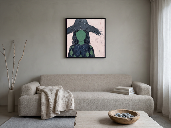 Lady in a Slate Hat Wall Art — Original Palette-Knife Oil, Emerald & Blush