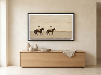 Two Riders Crossing Wide Canvas — Original Palette-Knife Oil, Chocolate & Cream — original hand-painted oil shown on the wall in a styled room
