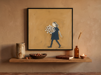 Girl with a Bouquet Wall Art — Original Palette-Knife Oil, Navy & Ochre — original hand-painted oil shown on the wall in a styled room