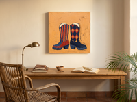 Cowboy Boots Wall Art — Original Palette-Knife Oil, Navy & Red — original hand-painted oil shown on the wall in a styled room