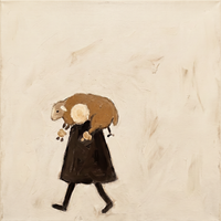 Original oil painting of a shepherd in a dark chocolate cloak carrying a caramel-brown lamb across his shoulders on a cream ground
