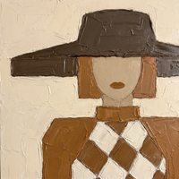 Original oil painting of a woman in a wide chocolate-brown hat with a cream oval face, rust lips, tan hair, and a brown and cream harlequin bodice, on a cream ground