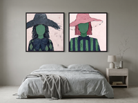 Two Women in Floppy Hats — Set of 2 Original Oils, Charcoal & Emerald — original hand-painted oil shown on the wall in a styled room