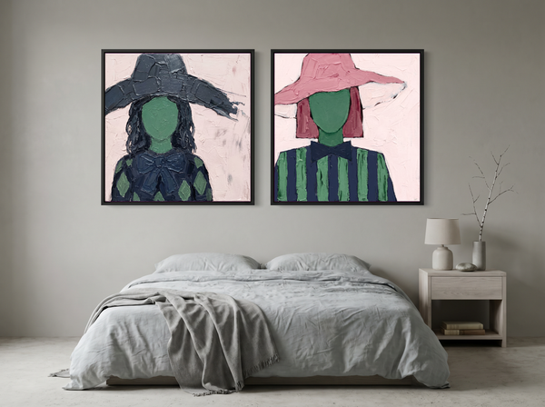Two Women in Floppy Hats — Set of 2 Original Oils, Charcoal & Emerald