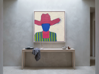 Cowboy in a Wide Hat Wall Art — Original Palette-Knife Oil, Magenta & Cobalt — original hand-painted oil shown on the wall in a styled room