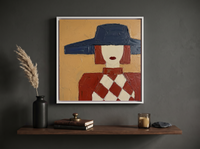 Lady in a Navy Hat Wall Art — Original Palette-Knife Oil, Navy & Oxblood — original hand-painted oil shown on the wall in a styled room