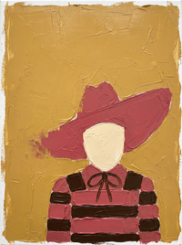 Heavy impasto oil portrait of a cowboy face-on under a clay-rose angular hat with a cream blank face and dark collar, on a mustard-gold ground.