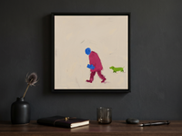 Man Walking His Dachshund Wall Art — Original Pop-Colour Oil, Magenta & Blue — original hand-painted oil shown on the wall in a styled room