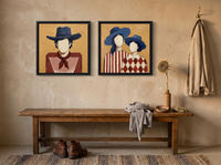 Cowboy & Two Cowgirls — Set of 2 Original Oils, Vermilion & Navy — original hand-painted oil shown on the wall in a styled room