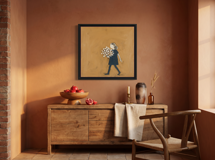 Girl with a Bouquet Wall Art — Original Palette-Knife Oil, Navy & Ochre
