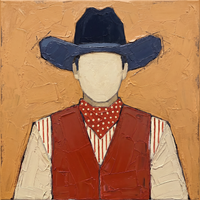 Original oil painting of a faceless cowboy in a navy hat and rust-red vest with a red polka-dot bandana over a cream and red striped shirt, on a golden ochre ground