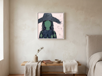 Lady in a Slate Hat Wall Art — Original Palette-Knife Oil, Emerald & Blush — original hand-painted oil shown on the wall in a styled room