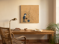 Woman Watering a Plant Wall Art — Original Palette-Knife Oil, Ochre & Teal — original hand-painted oil shown on the wall in a styled room