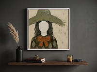 Lady in an Olive Floppy Hat Wall Art — Original Palette-Knife Oil, Olive & Rust — original hand-painted oil shown on the wall in a styled room