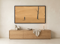 Lone Walker & Bare Tree Wide Wall Art — Original Palette-Knife Oil, Golden Ochre & Navy — original hand-painted oil shown on the wall in a styled room