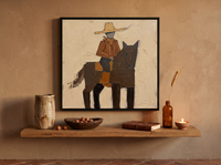 Cowgirl on Horseback Wall Art — Original Palette-Knife Oil, Brown & Ochre — original hand-painted oil shown on the wall in a styled room