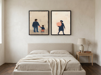 Father & Child with Woman & Bouquet — Set of 2 Original Oils, Indigo & Coral — original hand-painted oil shown on the wall in a styled room
