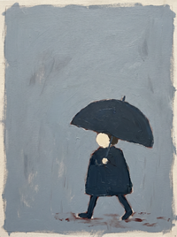 Oil painting of a woman in a charcoal dress holding a dark open umbrella above her head, looking down, on a slate blue-grey ground.