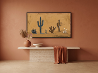 Desert Cacti Row Wide Wall Art — Original Palette-Knife Oil, Golden Ochre & Navy — original hand-painted oil shown on the wall in a styled room