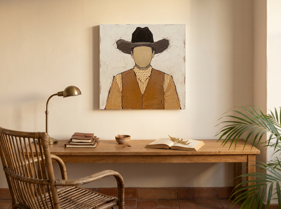 Cowboy in a Vest Wall Art — Original Palette-Knife Oil, Brown & Tan