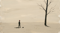 Original wide oil painting of a charcoal figure with an oxblood cap walking across a pale olive-cream field toward a near-black bare tree, horizontal landscape