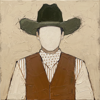 Original oil painting of a faceless cowboy in a dark olive hat and caramel vest with an ochre dotted bandana over a cream and rust striped shirt, on an oat ground