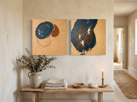 Organic Forms & Monolith — Set of 2 Original Oils, Ochre & Navy — original hand-painted oil shown on the wall in a styled room
