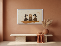 Three Women with Wine Wide Wall Art — Original Palette-Knife Oil, Chocolate & Cream — original hand-painted oil shown on the wall in a styled room