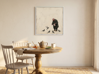 Old Man Feeding Pigeons Wall Art — Original Palette-Knife Oil, Olive & Cream — original hand-painted oil shown on the wall in a styled room