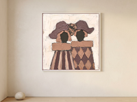 Two Ladies in Hats Wall Art — Original Palette-Knife Oil, Plum & Tan — original hand-painted oil shown on the wall in a styled room