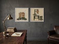 Cowboy Boots & Hat — Set of 2 Original Oils, Olive & Sienna — original hand-painted oil shown on the wall in a styled room