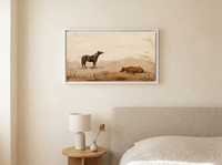 Standing and Resting Horses Wide Wall Art — Original Palette-Knife Oil, Chocolate & Rust — original hand-painted oil shown on the wall in a styled room