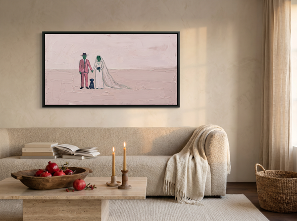 Wedding Couple and Dog Wide Wall Art — Original Palette-Knife Oil, Pink & Emerald