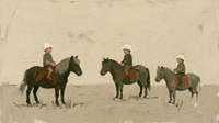 Original wide oil painting of three small children in olive-grey tops and cream cowboy hats riding dark olive ponies in a loose row across a pale pasture