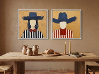 Cowgirl and Cowboy — Set of 2 Original Oils, Navy & Vermilion — original hand-painted oil shown on the wall in a styled room