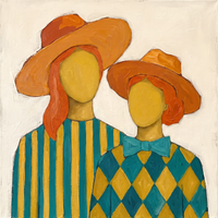 Original oil painting of two women with mustard oval faces in burnt-orange hats, one in teal and mustard stripes, one in a teal and mustard harlequin shirt with a teal bow, on a cream ground