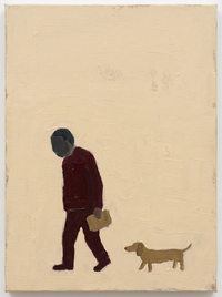 Oil painting of a man in a deep wine coat walking left with a tan bag, a tan dachshund trailing, on a cream ground.