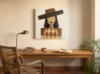 Woman in a Wide Hat Wall Art — Original Palette-Knife Oil, Chocolate & Tan — original hand-painted oil shown on the wall in a styled room