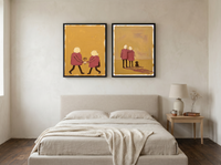 Couple Holding Hands & Couple at Dusk — Set of 2 Original Oils, Mustard & Rose — original hand-painted oil shown on the wall in a styled room