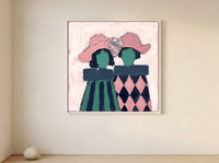 Two Ladies in Hats Wall Art — Original Palette-Knife Oil, Rose & Emerald — original hand-painted oil shown on the wall in a styled room