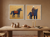 Standing Horse & Mounted Cowboy — Set of 2 Original Oils, Navy & Vermilion — original hand-painted oil shown on the wall in a styled room
