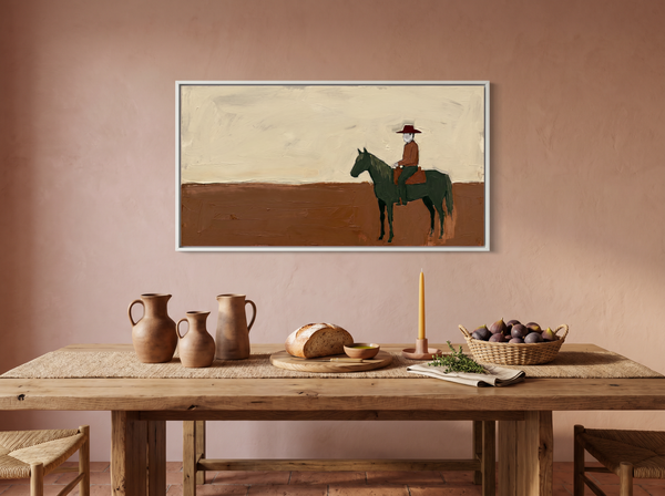 Cowboy on Horseback Wide Wall Art — Original Palette-Knife Oil, Oxblood & Olive