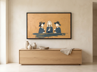 Three Women with Wine Wide Wall Art — Original Palette-Knife Oil, Ochre & Teal-Blue — original hand-painted oil shown on the wall in a styled room