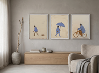Solitude Triptych — 3 Original Oils, Periwinkle & Oat — original hand-painted oil shown on the wall in a styled room