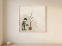 Woman Watering a Plant Wall Art — Original Palette-Knife Oil, Sage & Terracotta — original hand-painted oil shown on the wall in a styled room