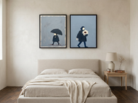 Woman with Umbrella & Woman with Bouquet — Set of 2 Original Oils, Charcoal & Slate — original hand-painted oil shown on the wall in a styled room