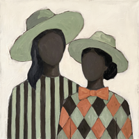 Palette-knife oil of two women with deep brown skin, one in a sage hat over sage-and-black stripes, the other in a sage hat with a terracotta bow over a terracotta-and-sage harlequin top, on a cream ground.